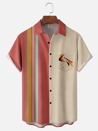 Moisture Wicking Geometric Rocket Print Chest Pocket Bowling Shirt