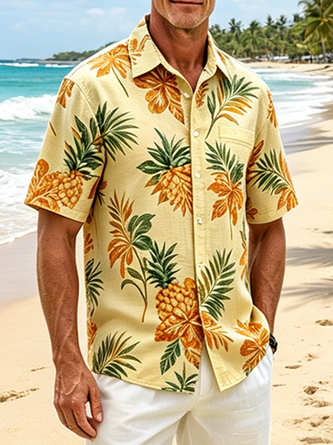 Linen Texture Tropical Floral Chest Pocket Holiday Hawaiian Shirt