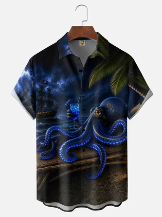 Moisture Wicking Octopus Cocktail Print Beach Chest Pocket Holiday Hawaiian Shirt