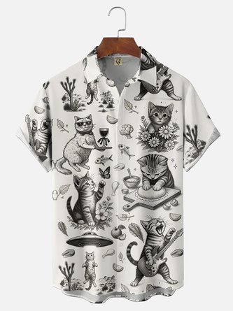 Moisture Wicking Gradient Rock Punk Guitar Playing Cat & UFO Cat Chest Pocket Hawaiian Shirt