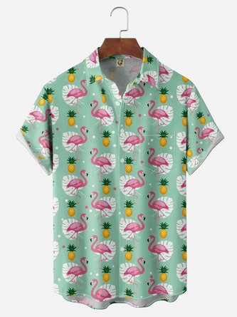Moisture Wicking Gradient Flamingo & Pineapple Leaf Print Chest Pocket Hawaiian Shirt