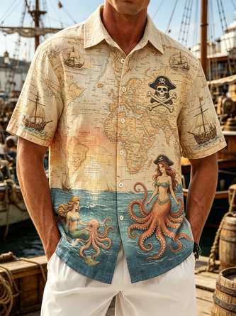 Linen Texture Vintage Map Pirate Ship Octopus Mermaid Pirate Motif Chest Pocket Holiday Hawaiian Shirt