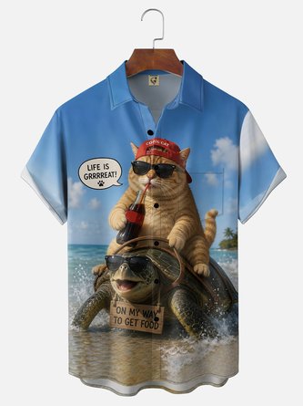 Moisture Wicking Fun Cat & Sea Turtle Slogan Chest Pocket Hawaiian Shirt