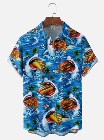 Moisture Wicking Featuring Gradient Colors Fun Prints Sharks Hamburgers Palm Trees Waves Chest Pocket Hawaiian Shirt