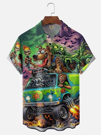 Moisture Wickng Funky Dog Monster & Custom Car Chest Pocket Holiday Hawaiian Shirt