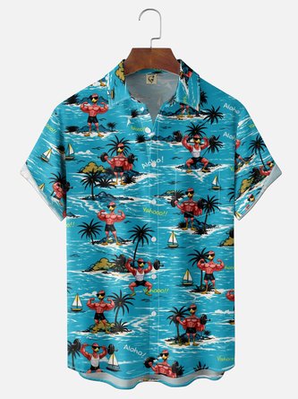 Moisture Wicking Gradient Fun Fitness Flamingo & Coconut Tree Beach Print Chest Pocket Hawaiian Shirt