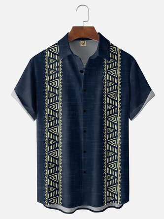 Moisture Wicking Geometric Stripe Chest Pocket Bowling Shirt