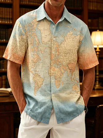 Linen Texture Vintage Map Print Chest Pocket Holiday Hawaiian Shirt