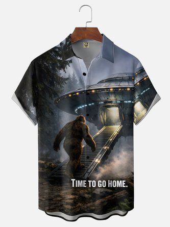 Moisture Wicking Alien Spaceship Bigfoot Time to Go Home Holiday Chest Pocket Hawaiian shirt.