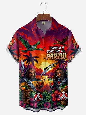 Moisture Wicking Gradient Featuring Palm Trees Florals Tiki Alien Cocktail Designs Chest Pocket Hawaiian Shirt