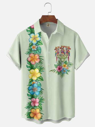 Moisture Wicking Tropical Floral Parrot Print Holiday Chest Pocket Bowling Shirt