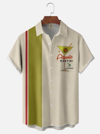Moisture Wicking Striped Cocktail Print Chest Pocket Bowling Shirt