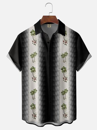 Moisture Wicking Striped Floral Chest Pocket Bowling Shirt