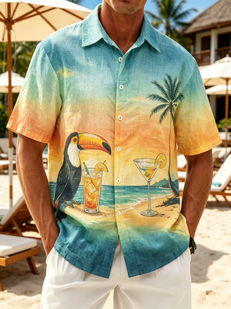 Linen Texture Tropical Plants Coconut Tree Palms Cocktails Toucans Holiday Chest Pocket Hawaiian Shirt