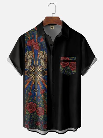 Moisture Wicking Angel Cross Holiday Chest Pocket Bowling Shirt