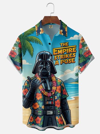 Moisture Wicking Gradient Tropical Plant & Coconut Tree Darth Vader Chest Pocket Hawaiian Shirt