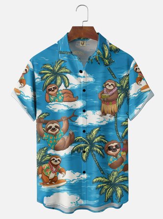 Moisture Wicking Gradient Sloth & Coconut Tree Print Chest Pocket Hawaiian Shirt