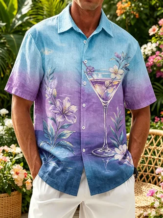 Linen Texture Tropical Floral Cocktail Chest Pocket Holiday Hawaiian Shirt