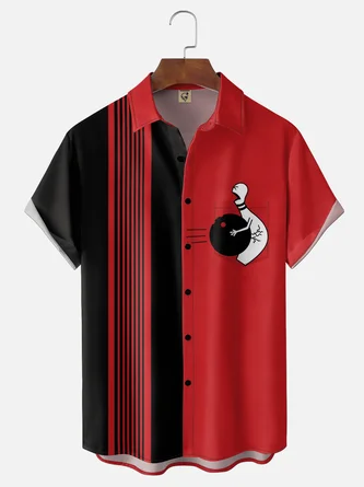 Moisture Wicking Striped Geometric Bowling Holiday Chest Pocket Bowling Shirt