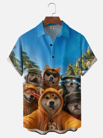 Moisture Wicking Fun Dog Selfie Holiday Chest Pocket Hawaiian Shirt