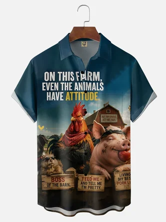 Moisture Wicking Farm Animal Chicken Pig Mouse Slogan Chest Pocket Hawaiian shirt