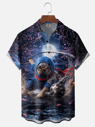 Moisture Wicking Fun Ninja Pug Chest Pocket Holiday Hawaiian Shirt