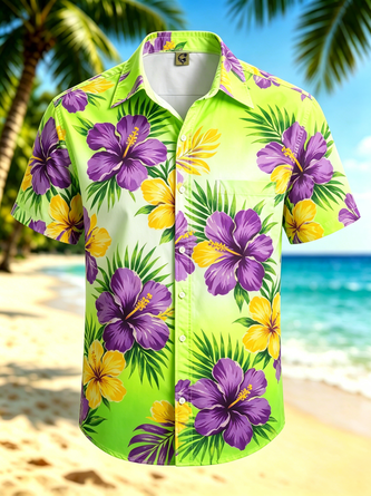 Moisture Wicking Gradient Tropical Floral & Leaf Print Chest Pocket Hawaiian Shirt