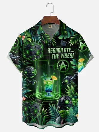 Moisture Wicking Gradient Star Trek Cocktail Leaf Print Chest Pocket Hawaiian Shirt