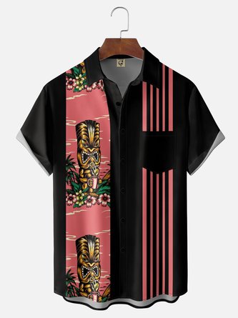 Moisture Wicking Tiki Print Holiday Chest Pocket Bowling Shirt