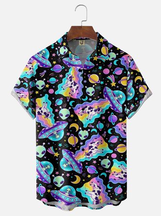 Moisture Wicking Gradient UFO Alien Cow Print Chest Pocket Hawaiian Shirt