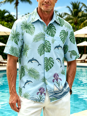 Linen Texture Tropical Floral & Dolphin Print Chest Pocket Holiday Hawaiian Shirt