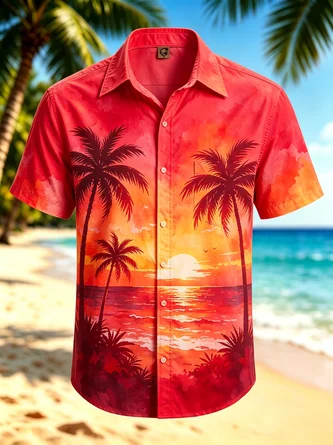 Moisture Wicking Gradient Sunset & Palm Tree Seascape Print Chest Pocket Hawaiian Shirt