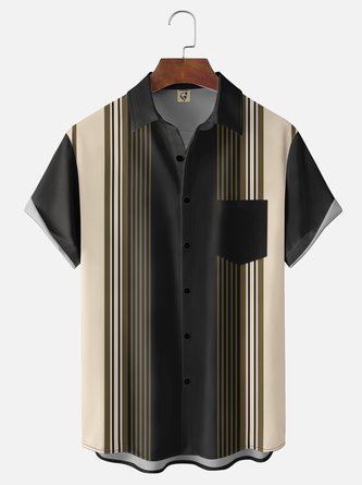 Moisture Wicking Striped Block Chest Pocket Bowling Shirt