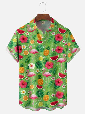 Moisture Wicking Gradient Print Featuring Pineapples Leaves Flamingos Chest Pocket Hawaiian Shirt