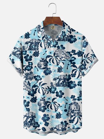 Moisture Wicking Gradient Tropical Floral & Leaf Planet Robot Print Chest Pocket Hawaiian Shirt