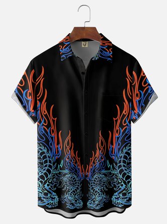 Moisture Wicking Abstract Flame Dragon Chest Pocket Holiday Hawaiian Shirt