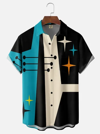 Moisture Wicking Abstract Geometric Block Star Print Chest Pocket Holiday Hawaiian Shirt