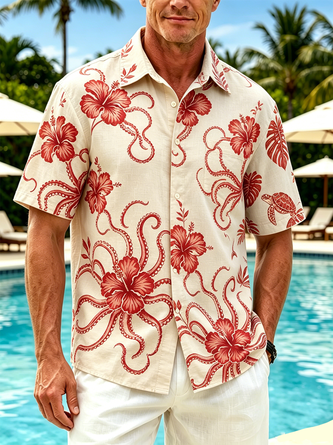 Linen Texture Tropical Floral Octopus Print Chest Pocket Holiday Hawaiian Shirt