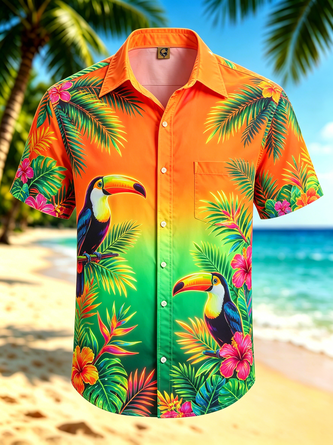 Moisture Wicking Featuring Tropical Gradient Print Foliage Toucans Chest Pocket Hawaiian Shirt