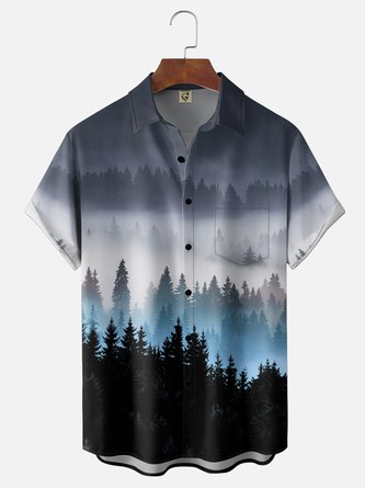 Moisture Wicking Gradient Forest Print Chest Pocket Holiday Hawaiian Shirt