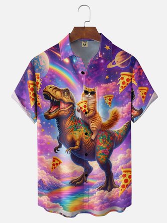 Moisture Wicking Gradient Sky Dinosaur Pizza Cat Prints Chest Pocket Hawaiian Shirt