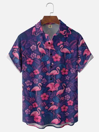 Moisture Wicking Gradient Flamingo Floral Leaf Print Chest Pocket Hawaiian Shirt