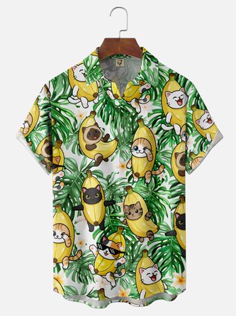 Moisture Wicking Gradient Fun Banana Cat & Leaf Print Chest Pocket Hawaiian Shirt