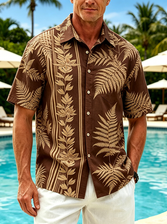 Linen Texture Tropical Floral Holiday Chest Pocket Hawaiian Shirt