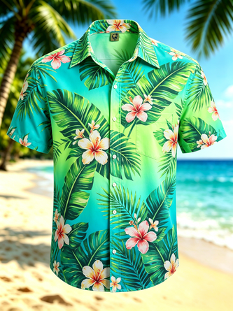 Moisture Wicking Tropical Foliage & Gradient Print Chest Pocket Hawaiian Shirt