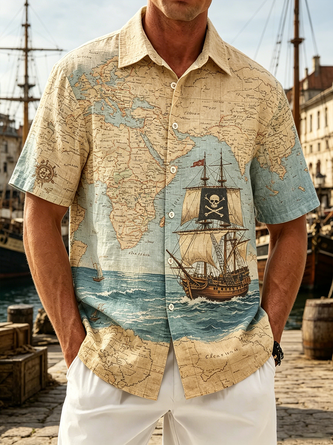 Linen Texture Vintage Map & Pirate Ship Chest Pocket Holiday Hawaiian Shirt