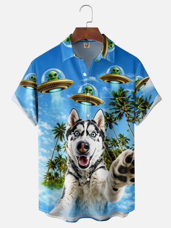 Moisture Wicking Husky Alien UFO Print Holiday Chest Pocket Hawaiian Shirt