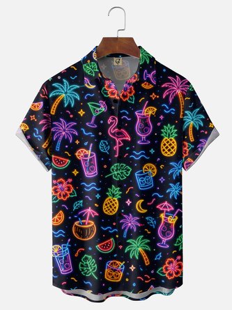 Moisture Wicking Neon Flamingo & Leaf Print Cocktail Chest Pocket Hawaiian Shirt