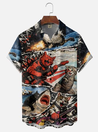Moisture Wicking Gradient Rock Punk Guitar Cat & Retro Shark Poster Print Chest Pocket Hawaiian Shirt