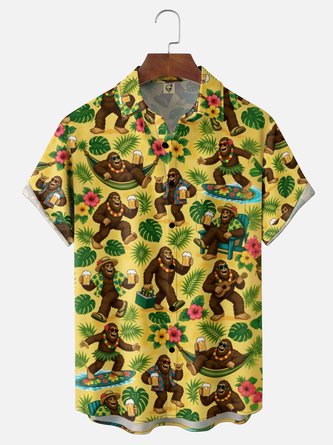Moisture Wicking Gradient Bigfoot & Leaf Floral Print Beer Chest Pocket Hawaiian Shirt